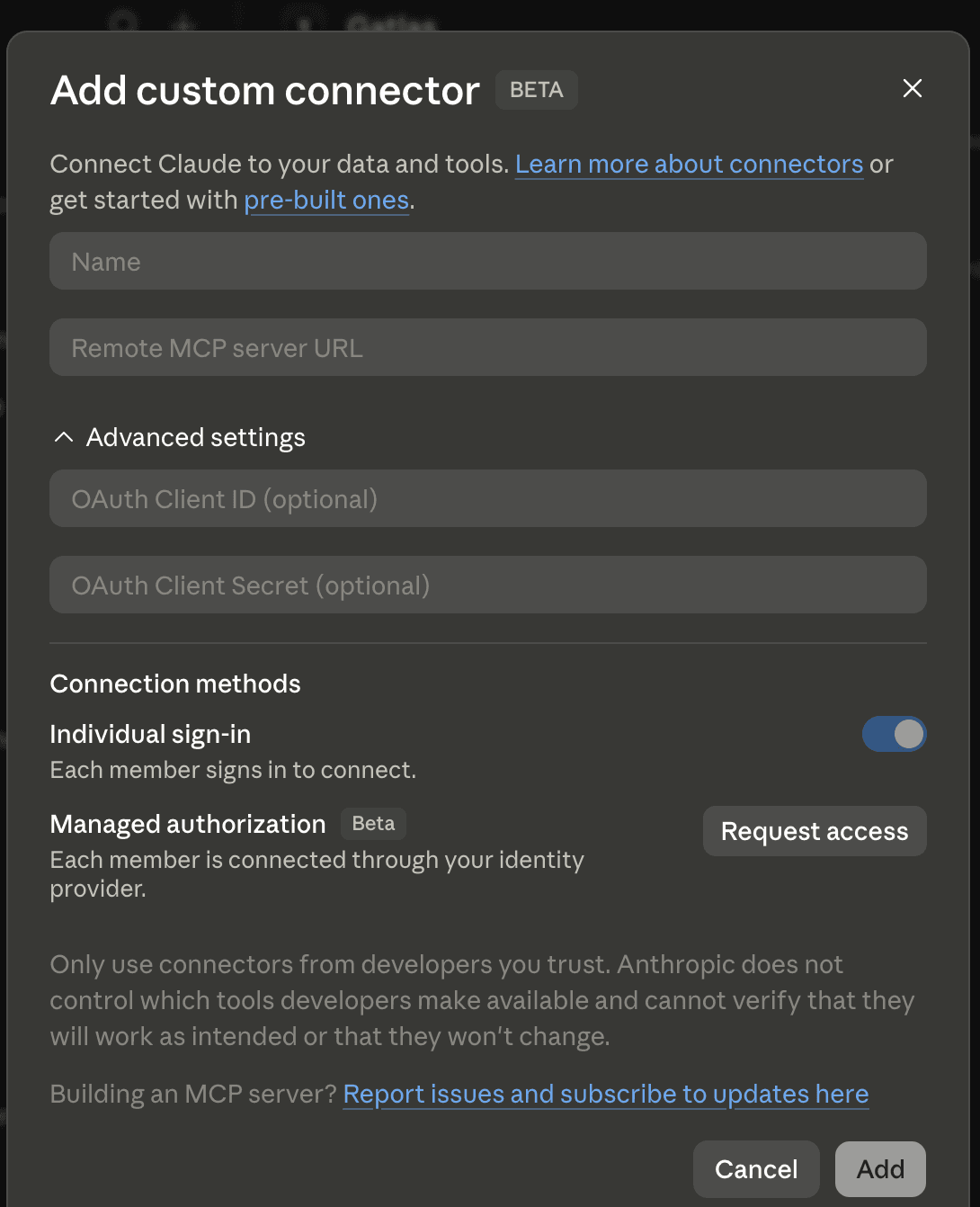 Claude's Add custom connector dialog with the Cadence MCP URL