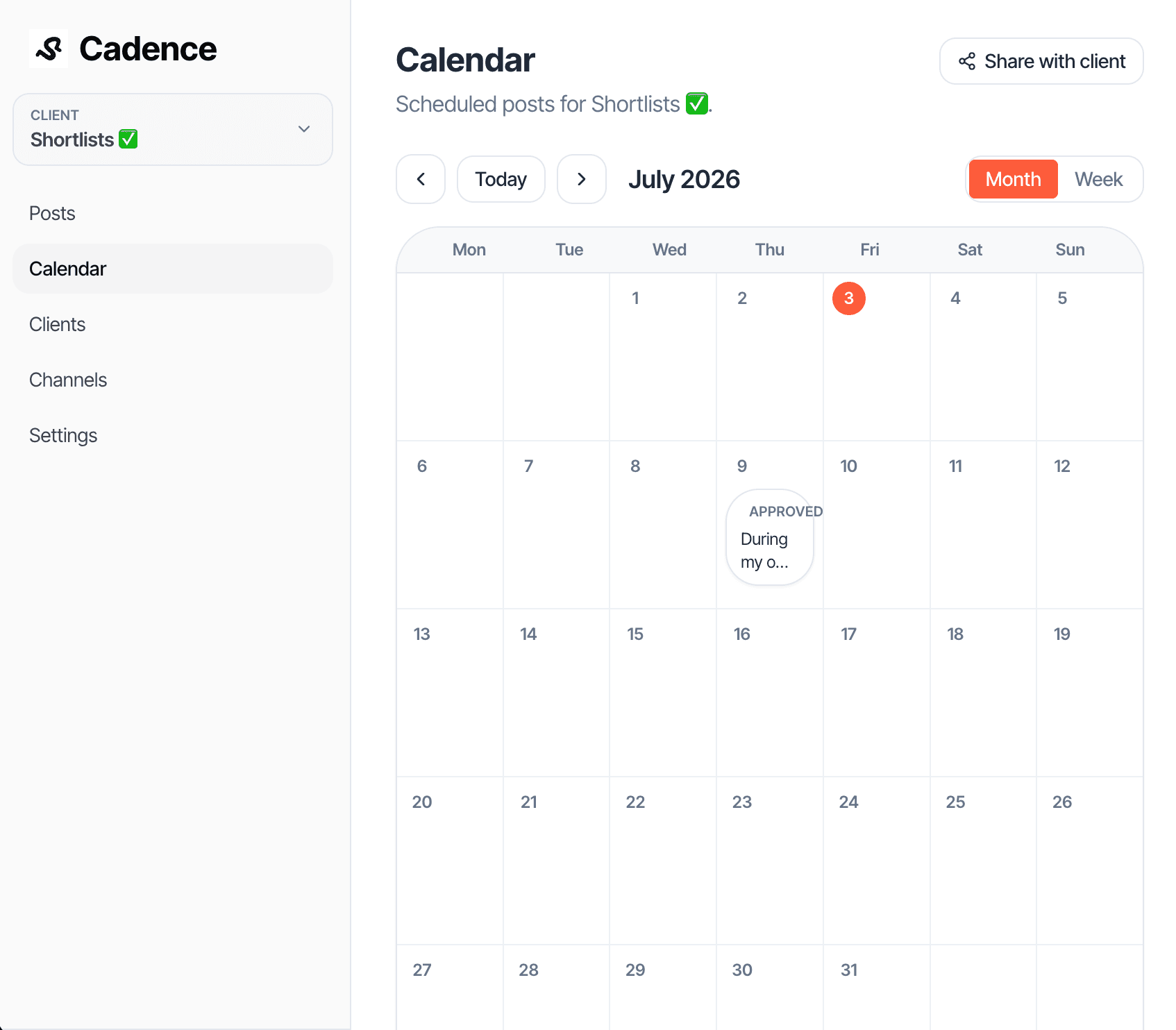 The Cadence content calendar — click any post card to edit the copy, media, and timing