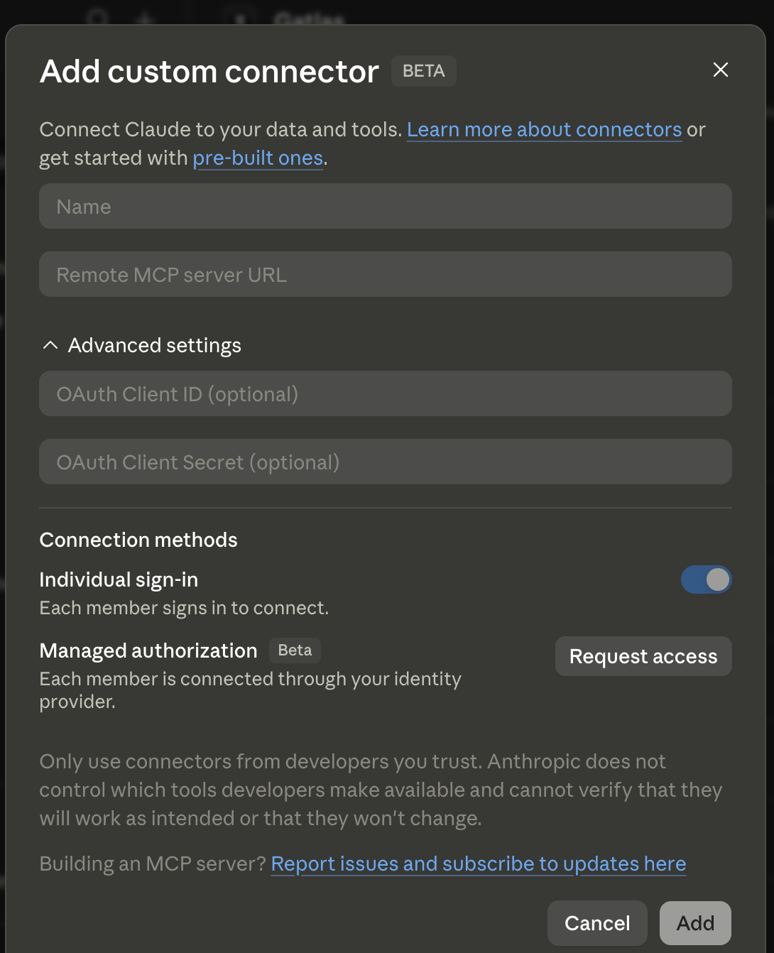 Claude's Add custom connector dialog with the Cadence MCP URL